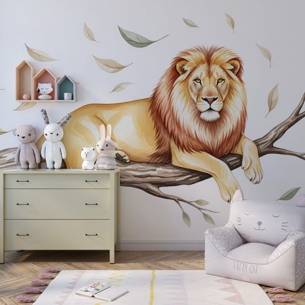 Lion branch mural wallpaper transforming children's bedroom into peaceful safari adventure space