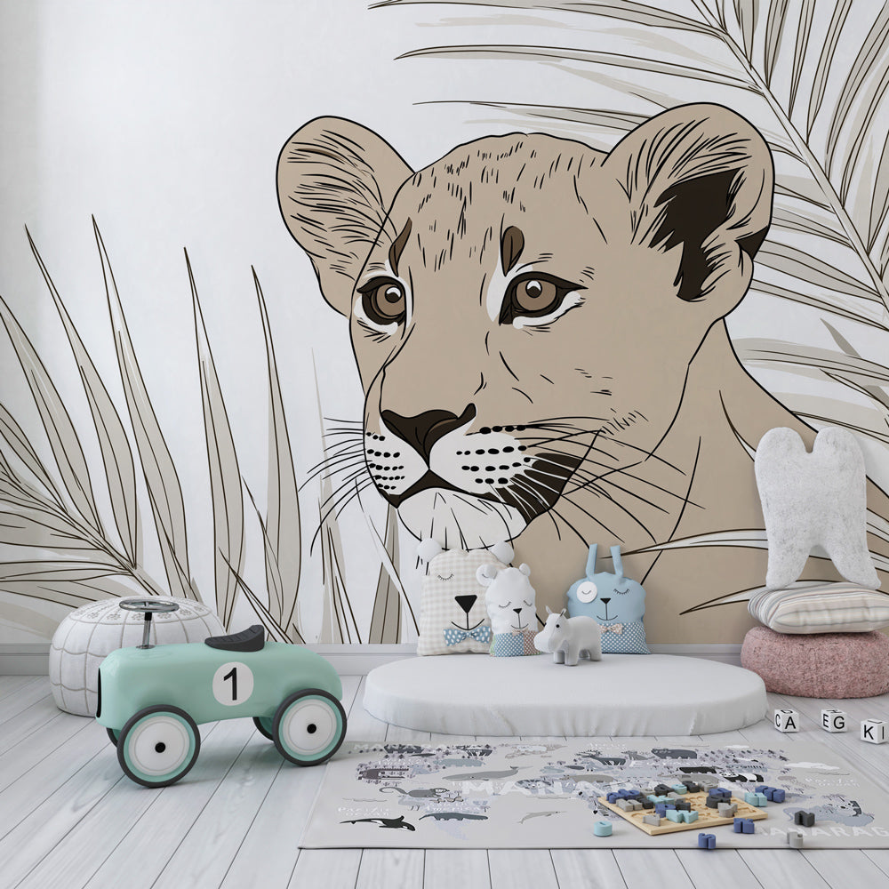 Tropical lion wallpaper creating calming atmosphere in children's bedroom with wooden furniture