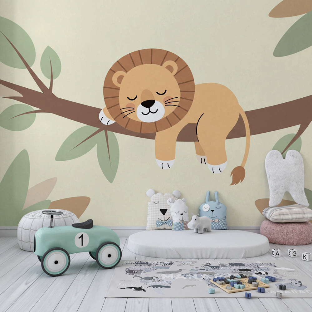 Safari lion wallpaper creating peaceful children's bedroom atmosphere with natural tones