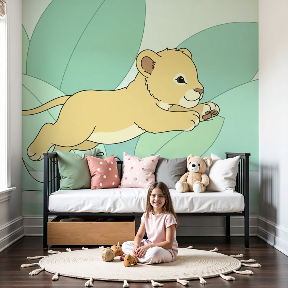 Lion mural wallpaper with jumping lion design in modern kids bedroom by Kids-Mundo