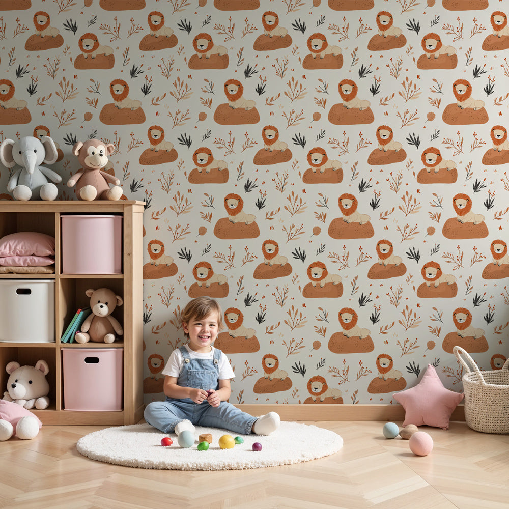 Cute lion mural wallpaper with flowers in modern nursery room by Kids-Mundo