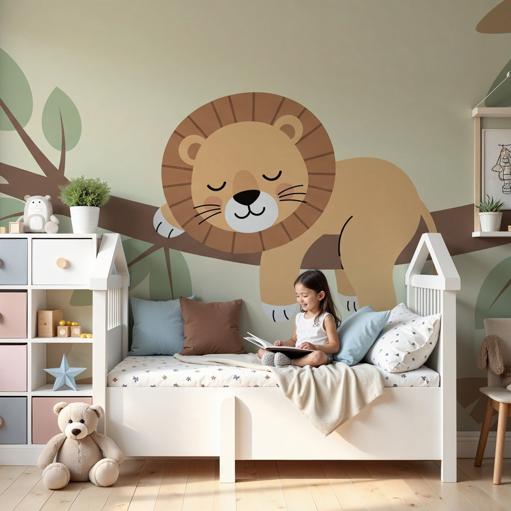 Cute sleeping lion mural wallpaper in modern nursery setting by Kids-Mundo