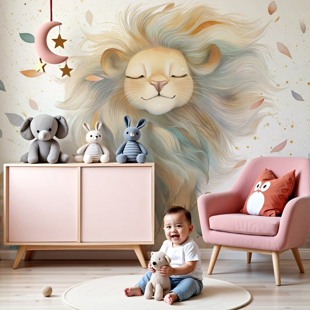 Peaceful lion mural wallpaper with colorful foliage in modern nursery room by Kids-Mundo
