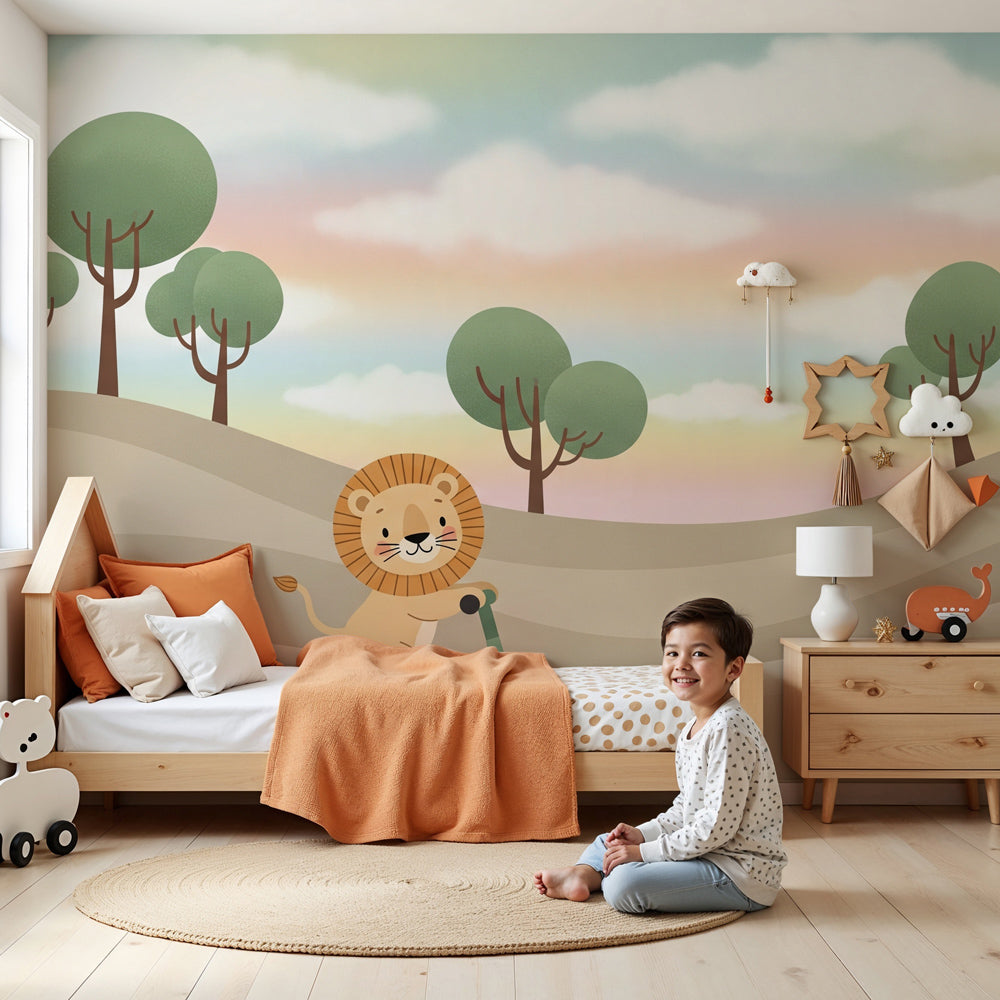 Lion scooter mural wallpaper in modern kids bedroom with soft pastel colors by Kids-Mundo