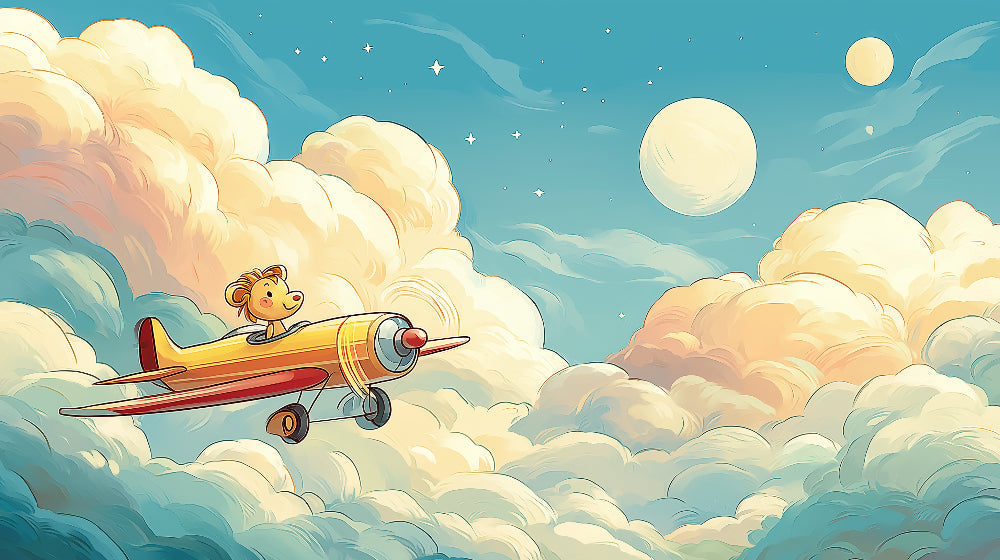 Detailed lion pilot airplane mural wallpaper design pattern with pastel clouds by Kids-Mundo