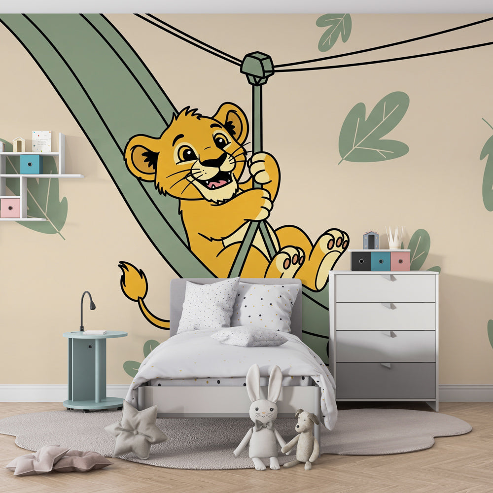 Young lion cub adventure wallpaper creating playful atmosphere in children's bedroom