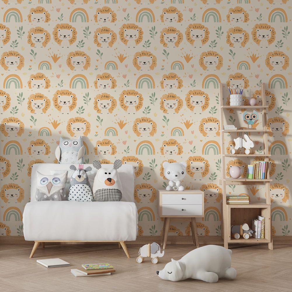 Safari animal mural wallpaper with smiling lions and rainbows for kids bedroom by Kids-Mundo