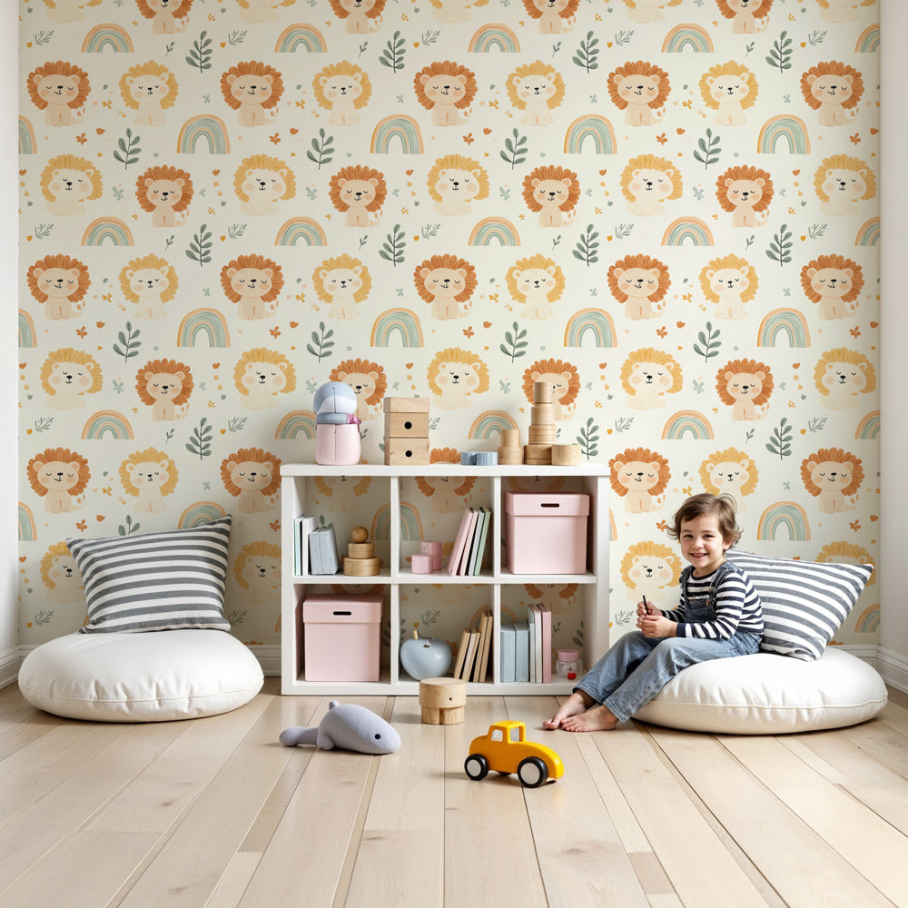Lion rainbow mural wallpaper in modern nursery with cute safari animals by Kids-Mundo