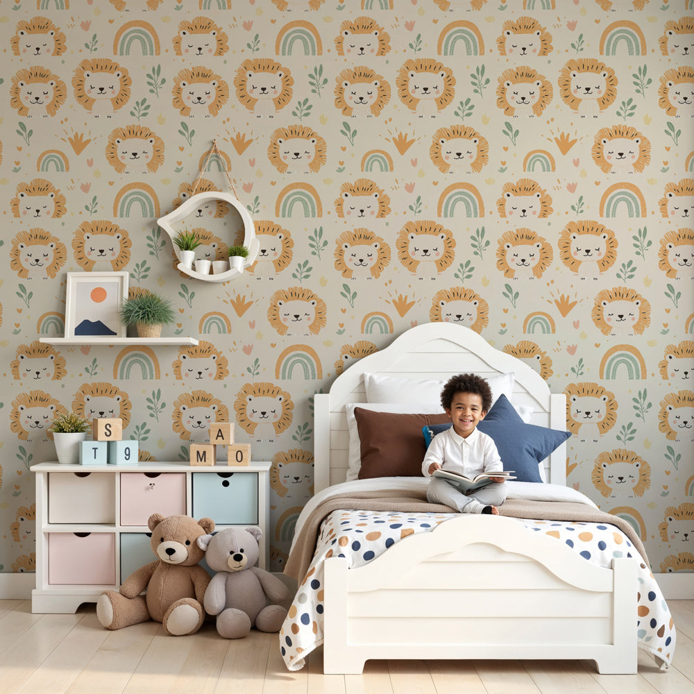 Lion rainbow mural wallpaper creating magical safari nursery decor with friendly animals by Kids-Mundo