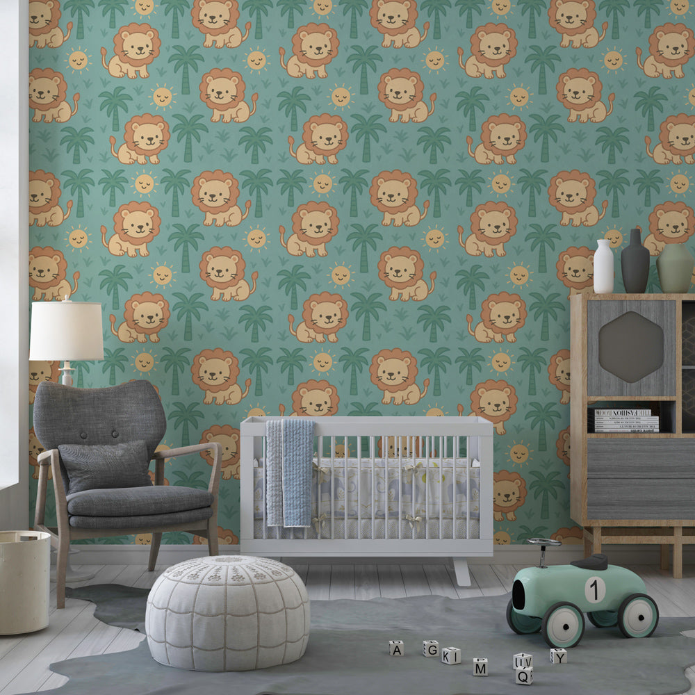 Tropical lion wallpaper creating playful atmosphere in children's bedroom with natural decor
