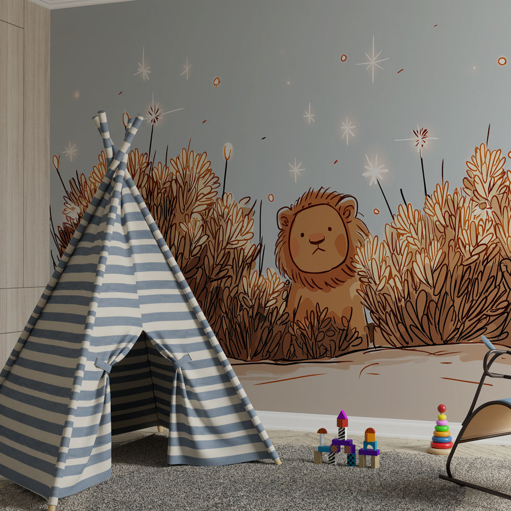 Cute lion cub wallpaper creating adventure themed kids bedroom with warm lighting
