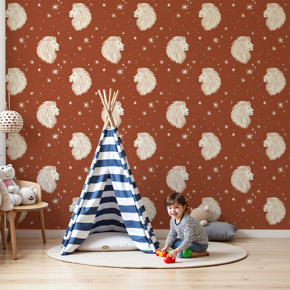Lion head mural wallpaper creating safari-themed nursery with elegant rust background by Kids-Mundo