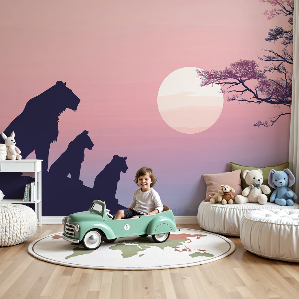 Lion safari sunset mural wallpaper in modern nursery with natural wood furniture by Kids-Mundo