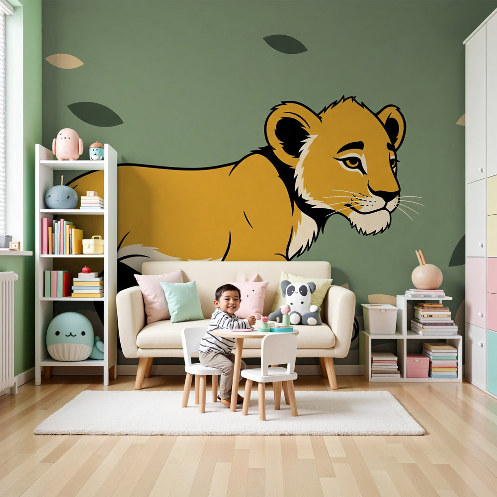 Lion safari mural wallpaper creating adventurous nursery decor with young cub and dancing leaves by Kids-Mundo