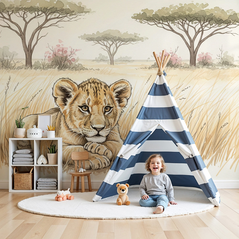 Baby lion safari mural wallpaper creating peaceful nursery atmosphere by Kids-Mundo