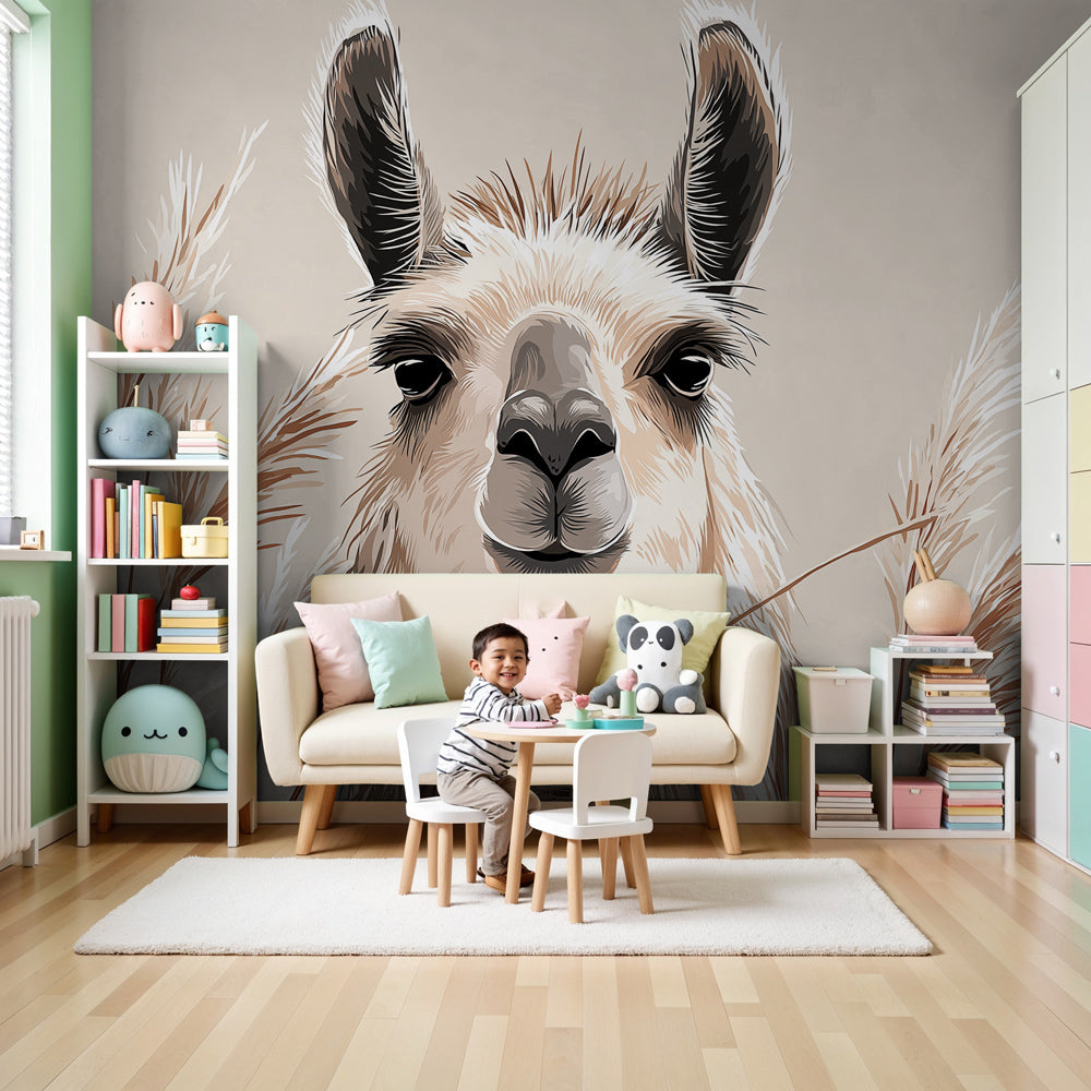 Llama mural wallpaper in cozy nursery with natural wooden furniture by Kids-Mundo