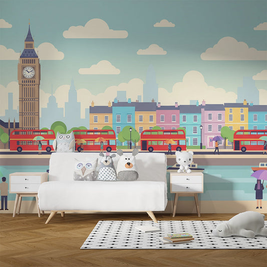 Kids-Mundo red bus and cityscape wall mural featured in a lively children's bedroom