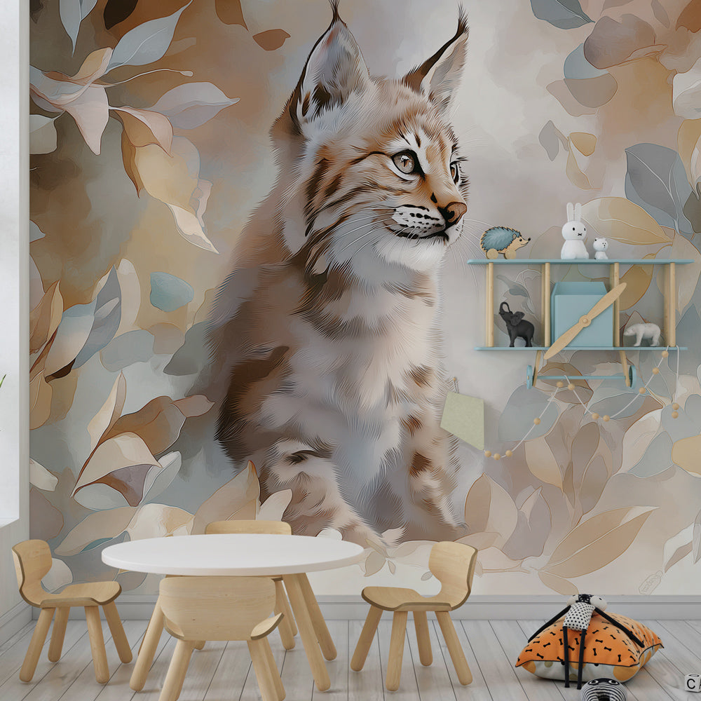 Forest lynx wallpaper in modern kids bedroom with natural wood furniture and cozy atmosphere