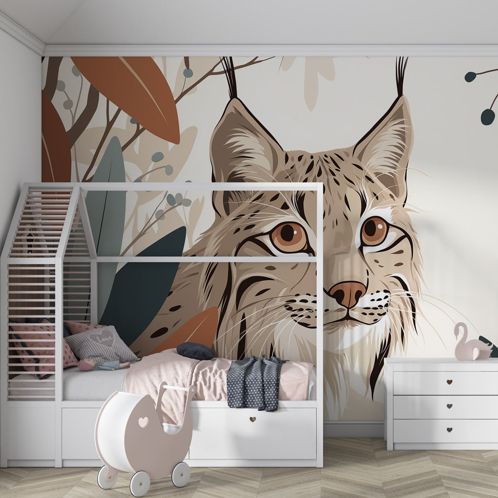 Nature-themed lynx wallpaper transforming nursery into peaceful forest sanctuary with earth tones