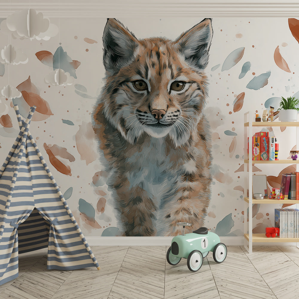 Watercolor lynx wallpaper with spring colors decorating children's playroom with natural wood furniture