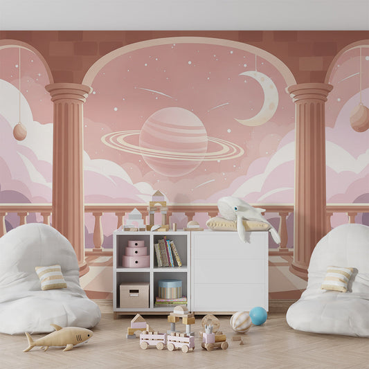 Kids-Mundo pastel balcony wall mural with planet view styled in a kids bedroom
