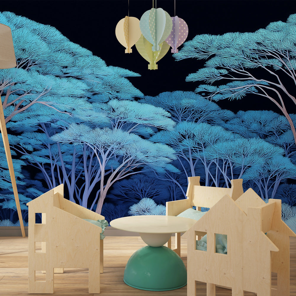 Blue tree forest wallpaper creating enchanted kids bedroom atmosphere with natural decor