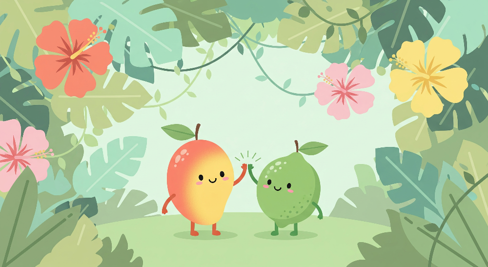 Kids-Mundo flat artwork of a smiling mango and lime high-fiving among hibiscus flowers