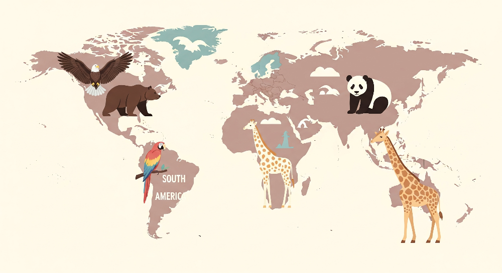 Mauve World Map with Bear and Eagle Wall Mural