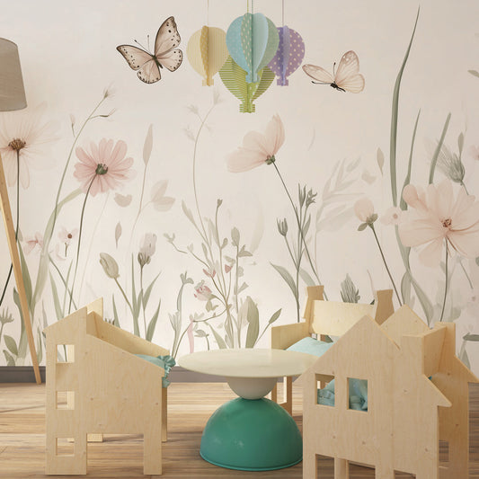 Kids-Mundo soft meadow wildflowers and butterflies wall mural styled in a kids bedroom