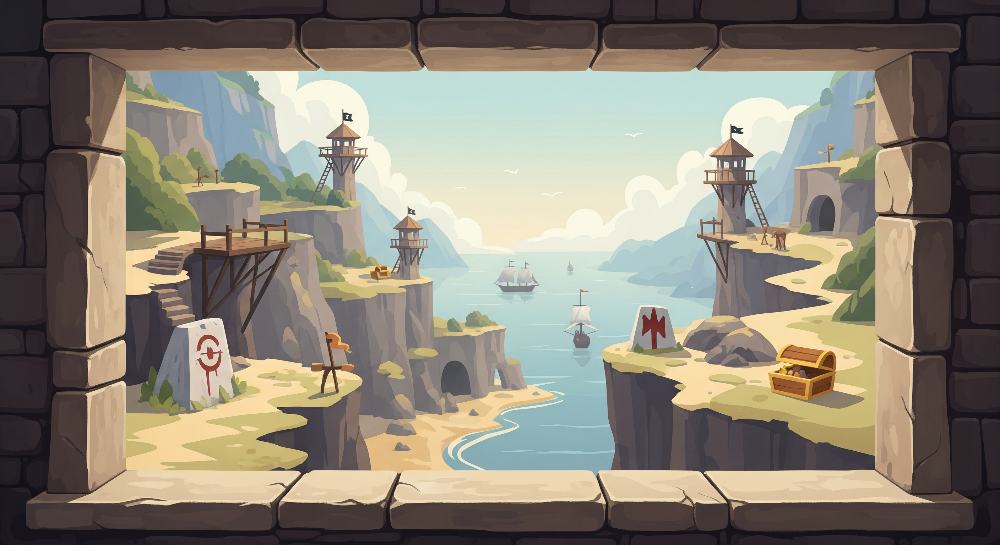 Medieval Adventure Bay with Ships and Towers Wall Mural