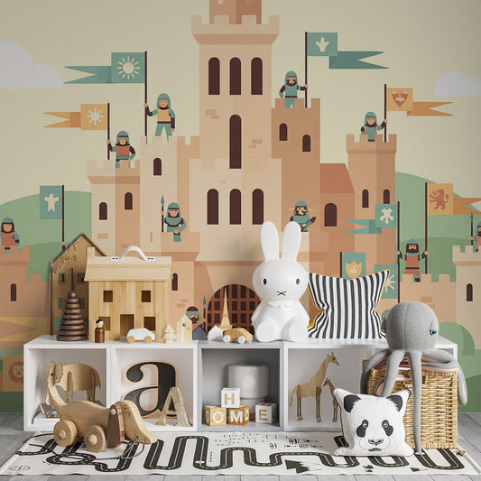 Kids-Mundo medieval castle wall mural in a kids' bedroom with knights and banners