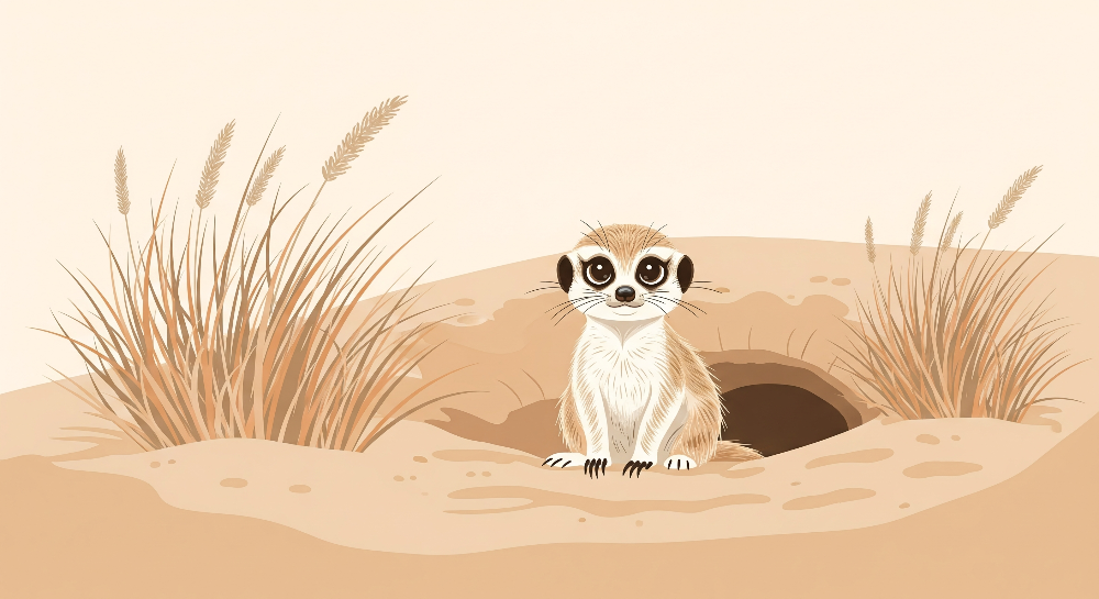 Kids-Mundo flat artwork of a meerkat sitting at its burrow entrance among tall dried grass