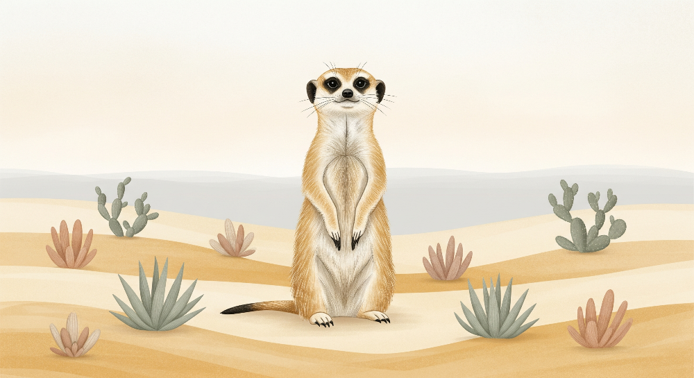 Kids-Mundo flat artwork of a meerkat standing among colourful desert cacti and succulents