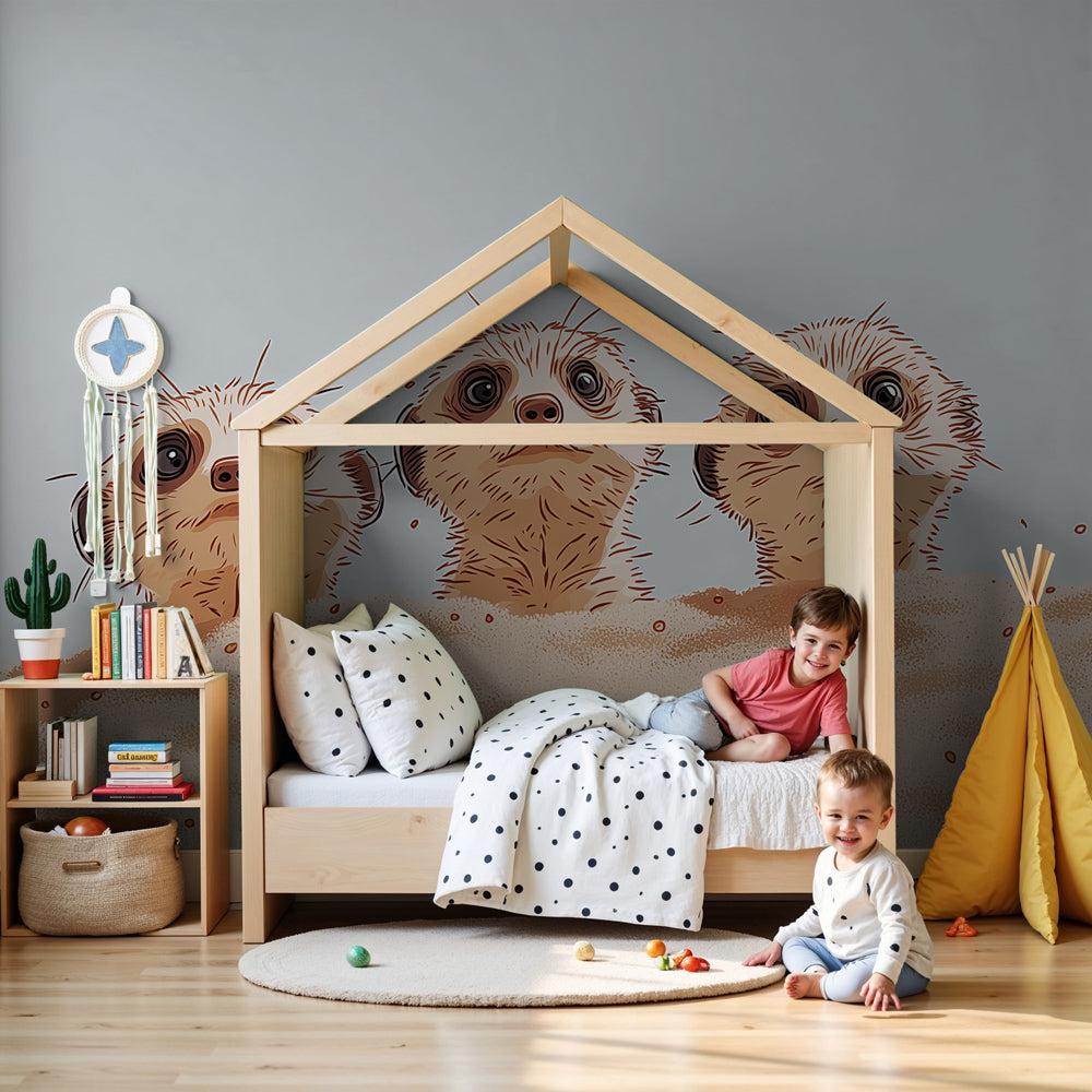 Meerkat desert mural wallpaper in modern nursery with natural wood furniture by Kids-Mundo