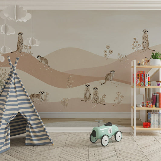 Kids-Mundo meerkat hillside wall mural softening a child's kids bedroom wall with blush tones