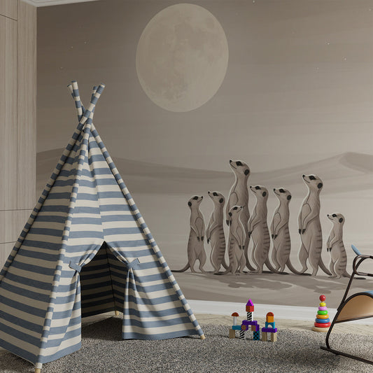 Kids-Mundo meerkat desert moon wall mural styled on a calm child's bedroom wall