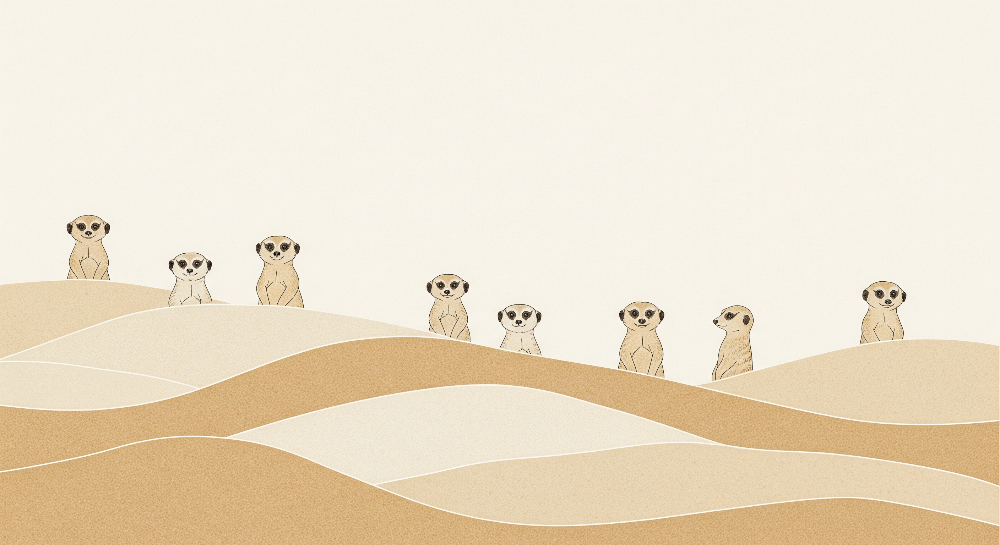 Kids-Mundo flat artwork of eight curious meerkats peeking over layered cream and tan sand dunes