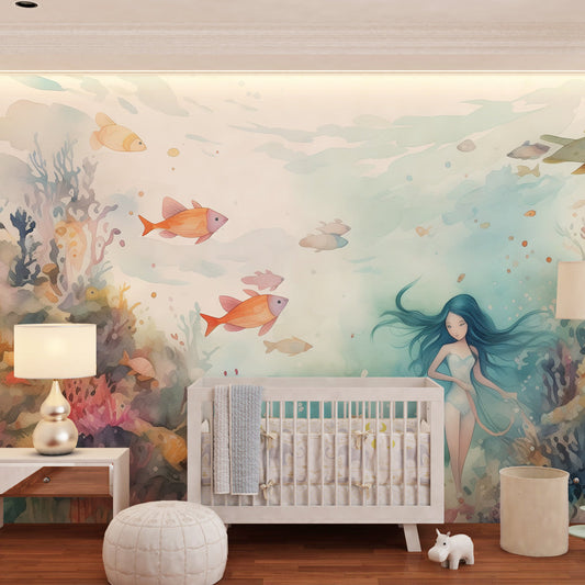 Kids-Mundo underwater mermaid wall mural decorating a child's bedroom wall