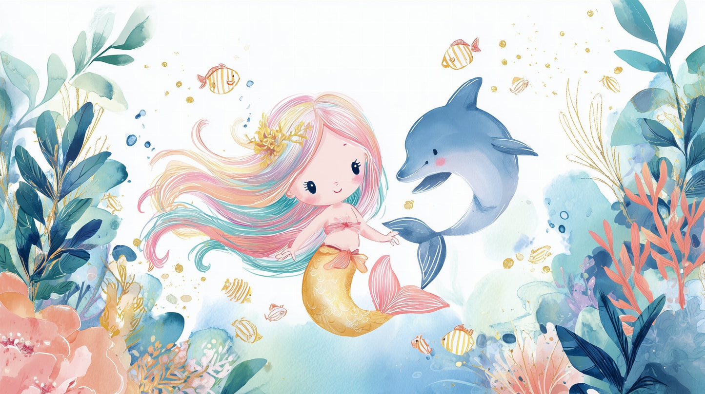 Kids-Mundo flat artwork of a watercolour mermaid swimming with a dolphin among coral and fish