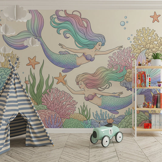 Kids-Mundo mermaid wall mural with coral reef covering a feature wall in a colourful bedroom