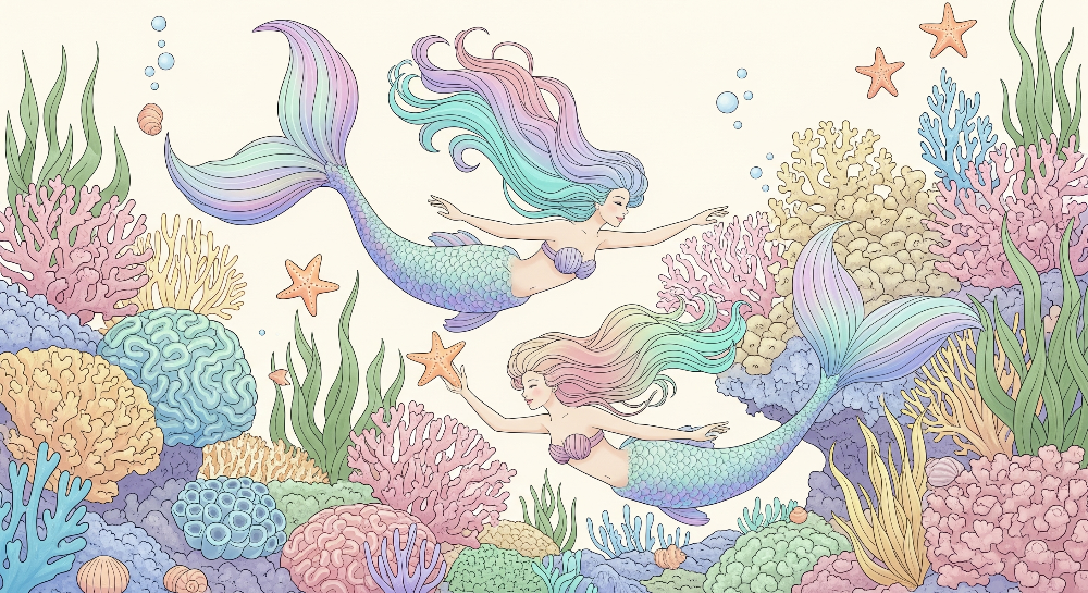 Mermaids Swimming Among a Coral Reef Wall Mural