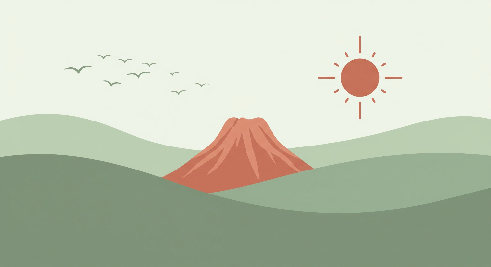 Kids-Mundo flat artwork of a minimalist terracotta mountain with sun and birds