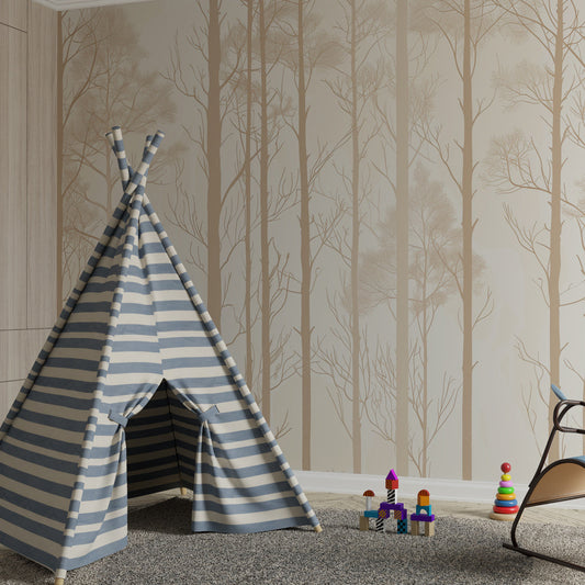 Kids-Mundo tall trees forest mural in a neutral beige and tan kids' bedroom setting.
