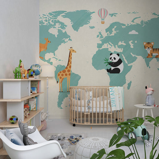 Kids-Mundo world map mural with panda and giraffe on a mint kids bedroom wall