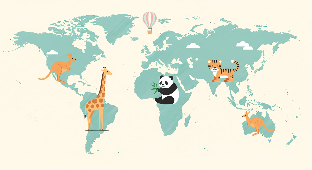 Flat artwork preview of the Kids-Mundo mint world map mural with kangaroo and tiger