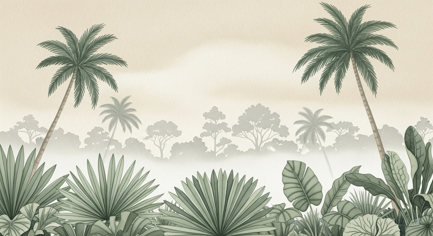 Kids-Mundo flat artwork of the soft beige misty jungle palm wall mural design