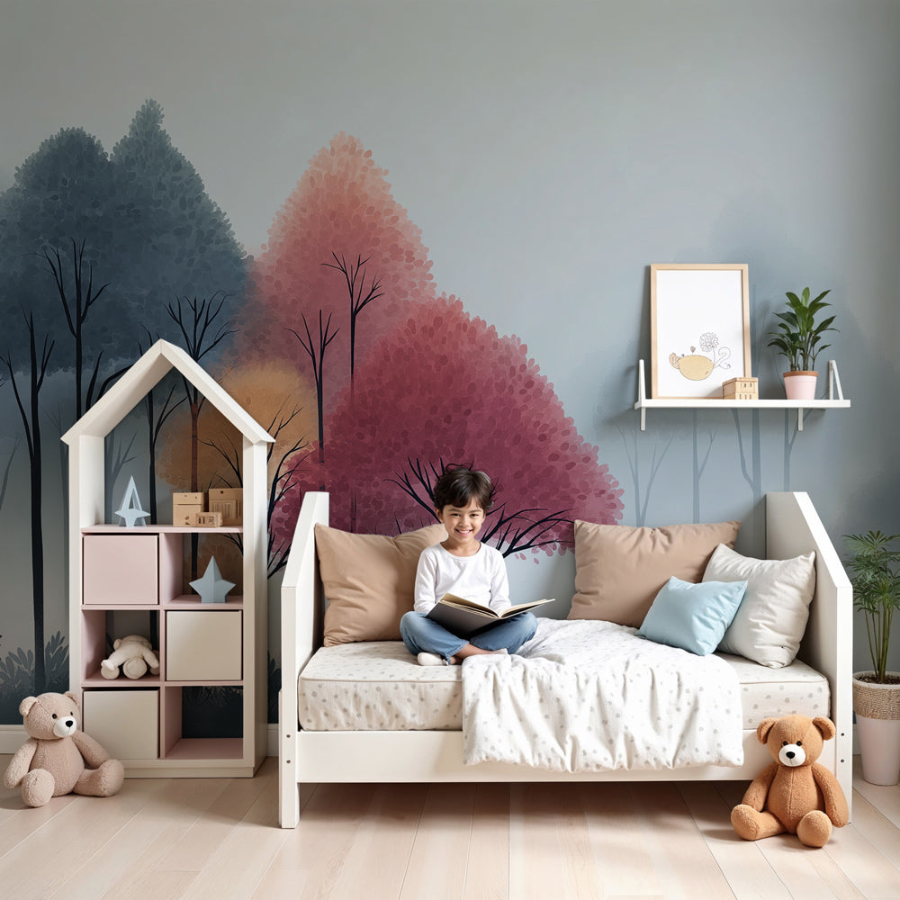 Misty forest mural wallpaper with cute animals creating magical nursery decor by Kids-Mundo