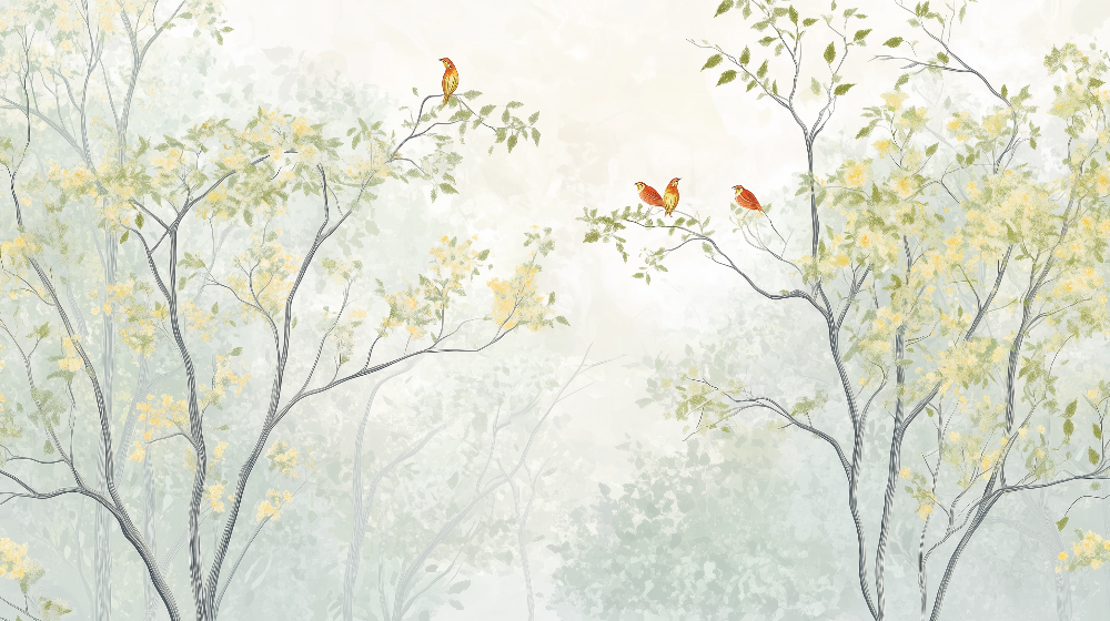 Soft Misty Forest with Songbirds Wall Mural