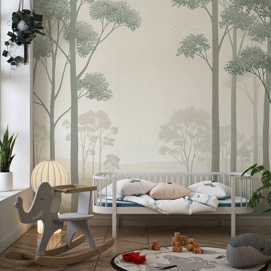 Kids-Mundo tall trees misty forest wall mural covering a kids bedroom wall in soft grey tones.