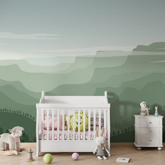 Kids-Mundo layered mountain ridge mural on a feature wall in a child's bedroom